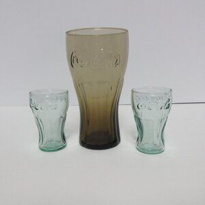 Set of 3 Cocacola glasses (1) 6 inch brownish tint (2) mini 3 inch greenish tint